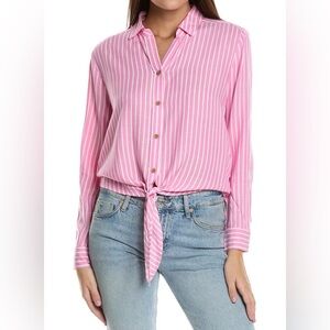 BeachLunchLounge Pink White Striped Tie Front Button Down Blouse Medium
